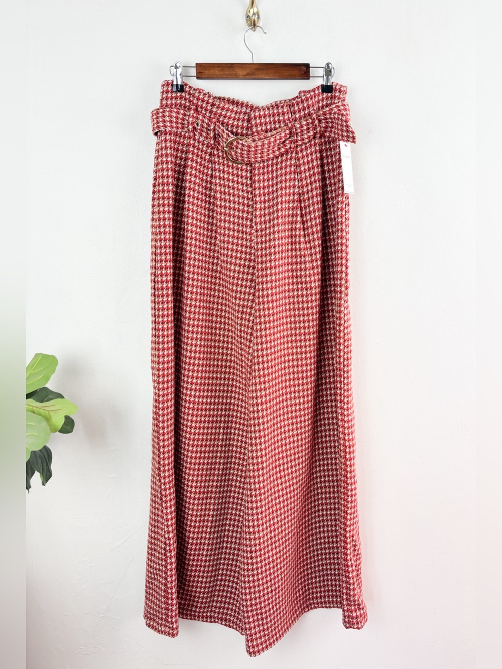 NWT Aura Red Houndstooth High Waisted Wide Leg Trousers Sz L